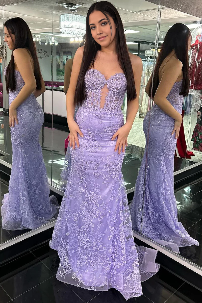 Mermaid Sweetheart Light Purple Long Prom Dresses with Appliques